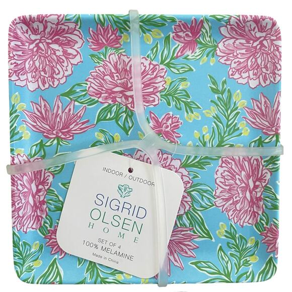 Sigrid Olsen Floral Melamine Appetizer Plates 6in Square Pop of Color 4pc NEW - Picture 1 of 16